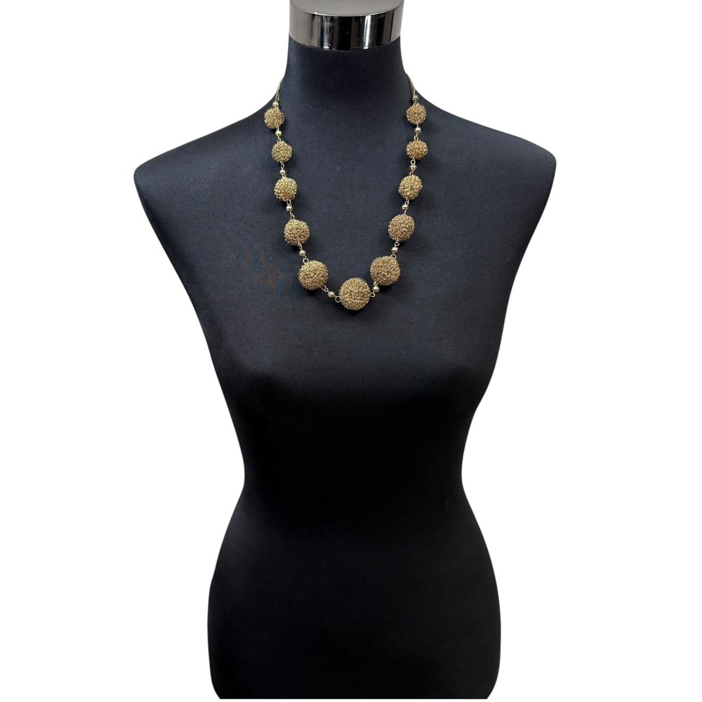 VTG Gold Tone Woven Wire Ball Beaded Statement Necklace Costume Jewelry 12 in